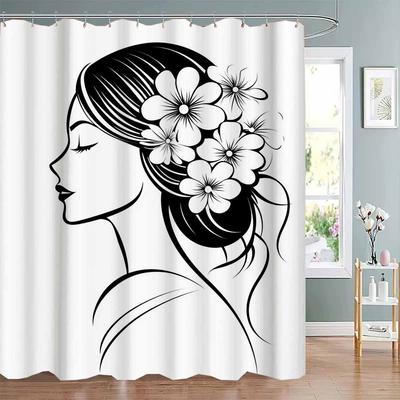 1 pièce Rideau de douche Série Portrait Fleur de Cerisier Art Line - avec 12 Crochets, Lavable en Machine, Convient pour la Décoration de Salle de Bain