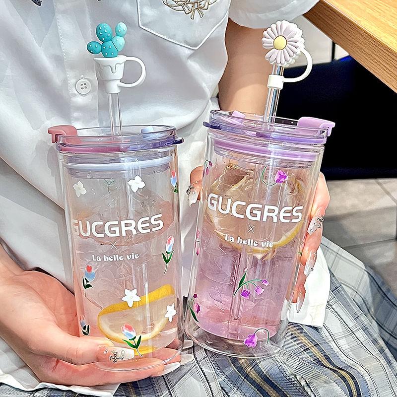 550ml Flower Glass Cup Clear Eyeglasses With Lid And Straw Bubble Tea Cup Ice Coffee Mug For Juice Milk Water Cups Drinkware