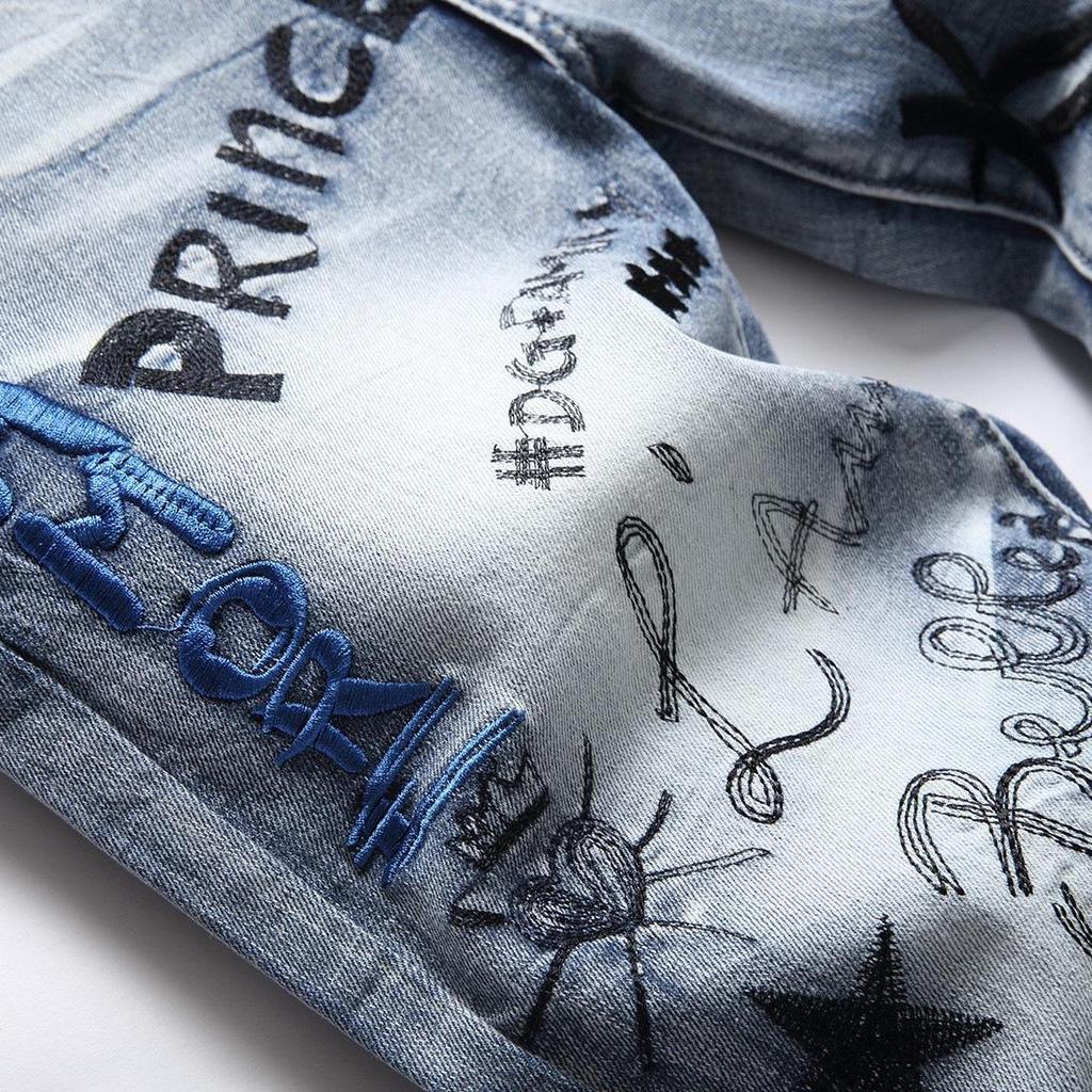 Herrtrendiga Europeiska & Amerikanska Hip-Hop Stil Smal Passform Broderade Jeans