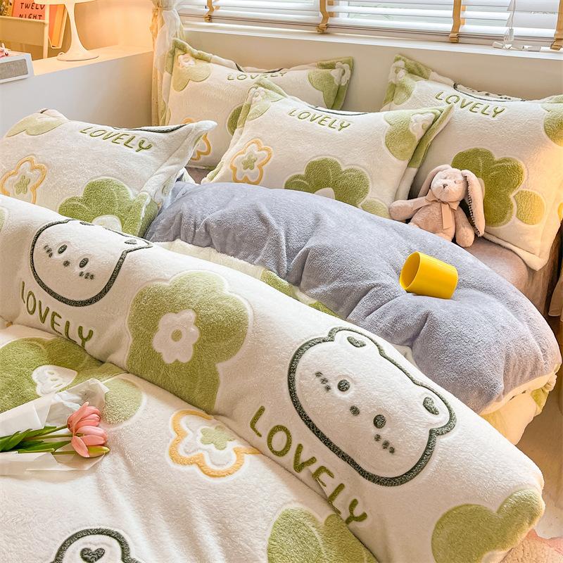 Cartoon Coral Fleece Four-Piece Set, Thickened Milk Fleece Sheet Quilt Cover, Snowflake Fleece Bed Three-Piece Quilt Cover
