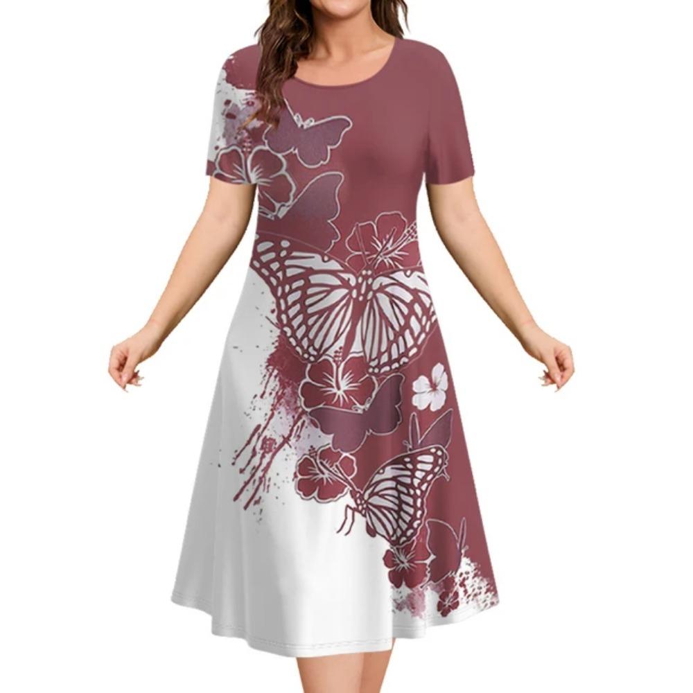 Estampa floral feminina elegante vestido midi, roupas femininas de manga curta extragrande, moda verão, 2024