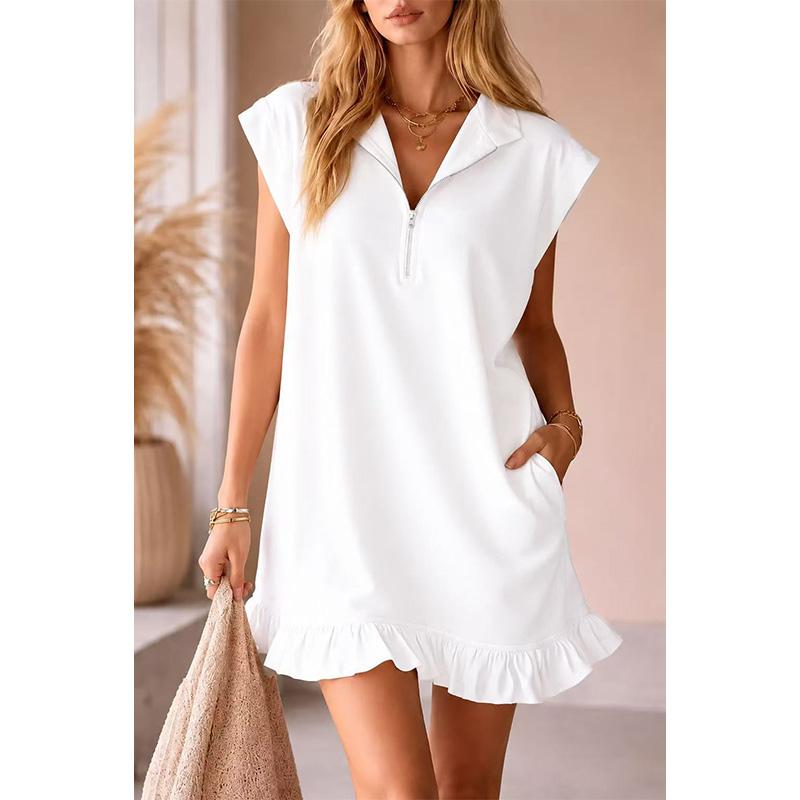 Women's Sleeveless Utility Pocket Dress V-Neck Zip Front A-Line Flowy Midi