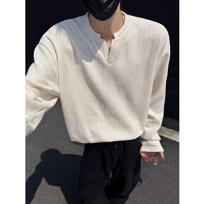 Men's High-End Jacquard Hoodie: Wrinkled Waffle Knit Long Sleeve T-Shirt with Elastic Padded Shoulders