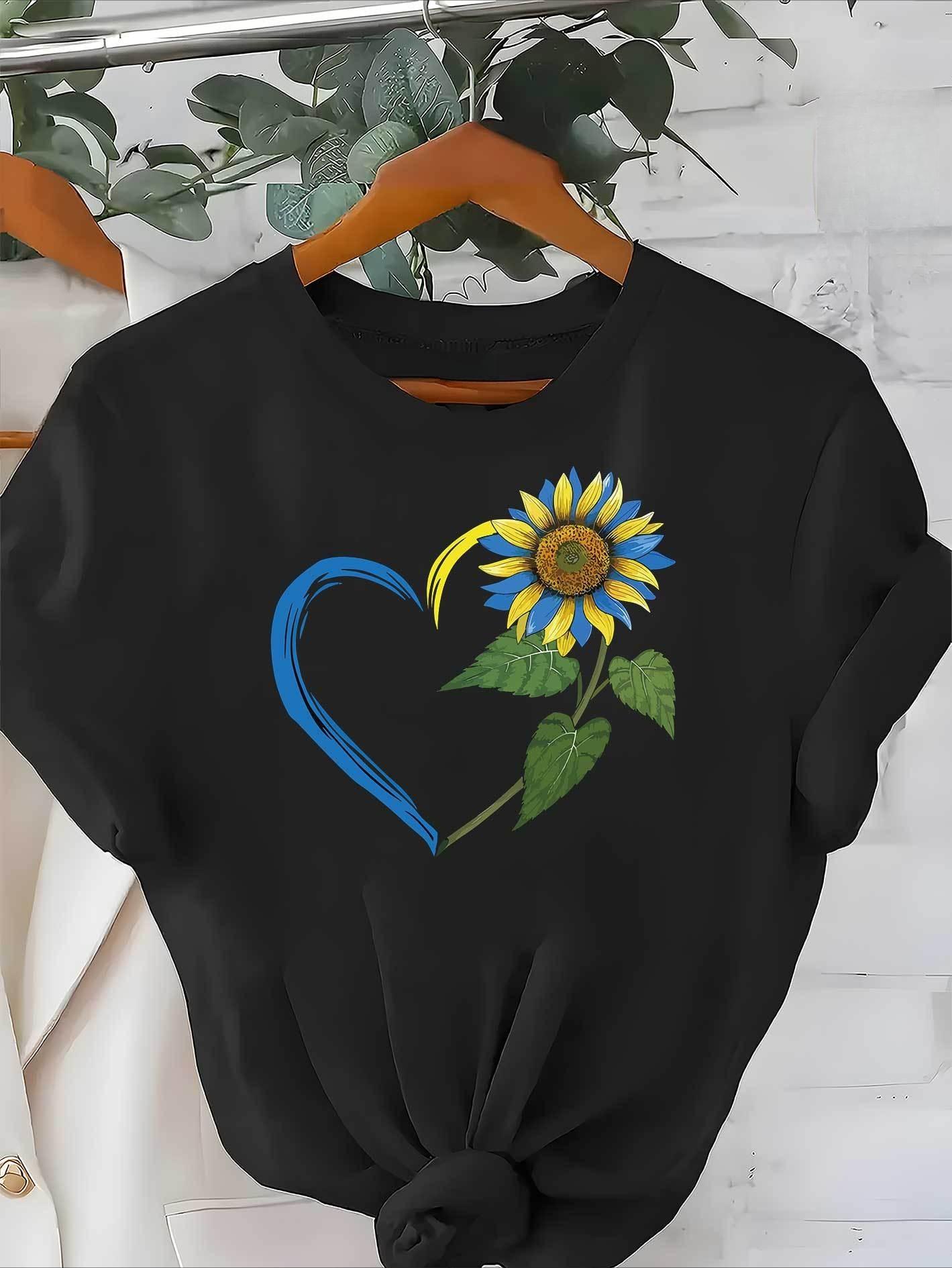 

Women s Casual Short Sleeve T-Shirt Round Neck with Sunflower Heart Print for Summer Daily Floral Design Comfortable Ladies Top 3XL