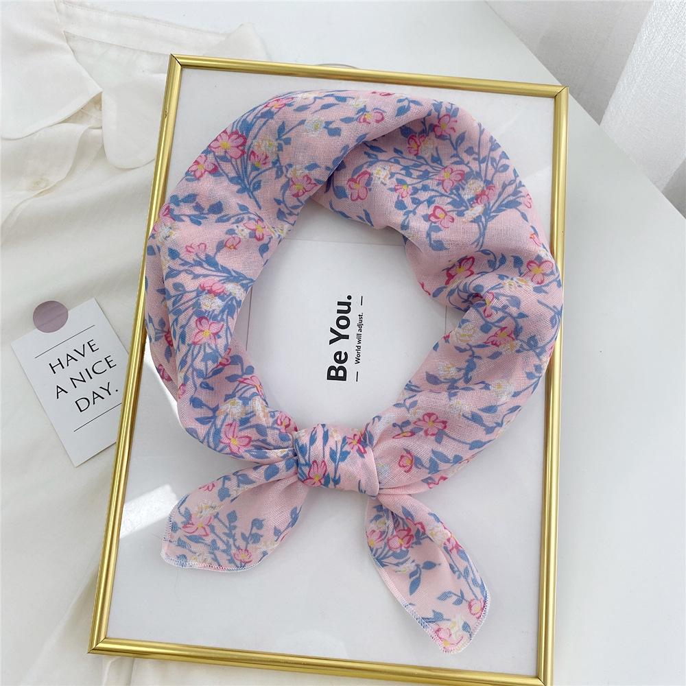 Floral Cotton Linen Silk Scarf: Women's Square Headband for Spring, Summer, Autumn - Korean Fresh Style