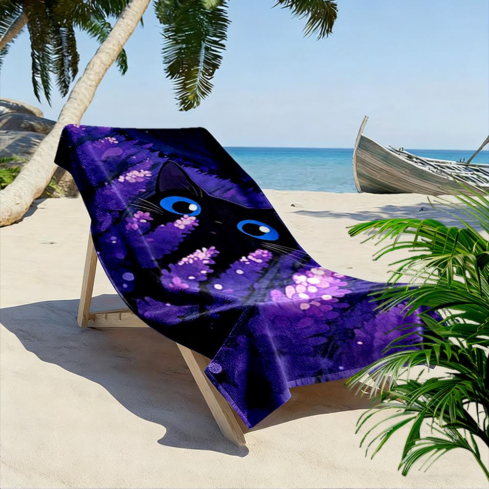 Black Cat In Lavender Field Design Beach Towel Quick-drying for Travel Outdoor Sports Jogging Beach and Swimming