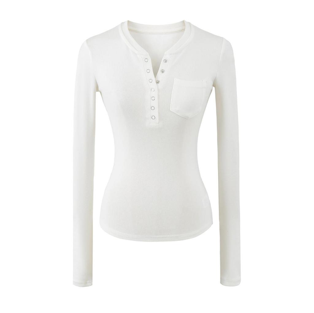 Women's Spicy American Button-Down Stand-Up Collar Faux Cashmere Slim Fit Base Layer Long Sleeve Top for Fall/Winter