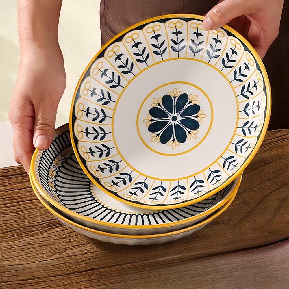 4 Pcs Ceramic 8-inch Discs, Japanese Dining Table Serving Plates, Relief Craft Salad Pasta Plates