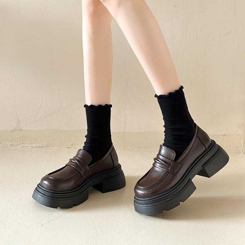 Black Big Head Thick Sole Small Leather Shoes Women's New Autumn One Pedal Thick Heel Increase