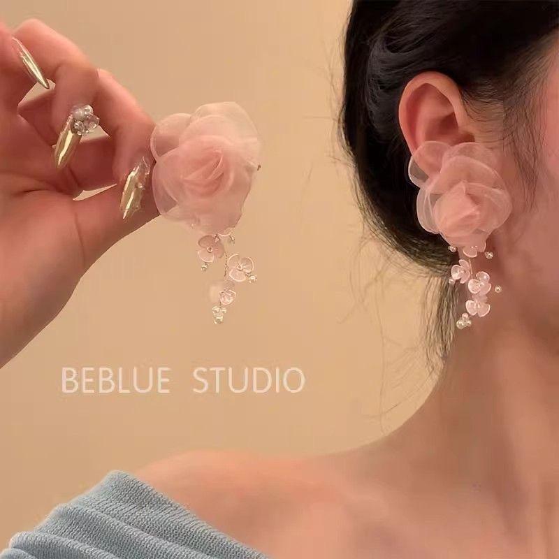Pink Flower Tassel Clip-On Earrings - Elegant, Fairy-Inspired Design for Women