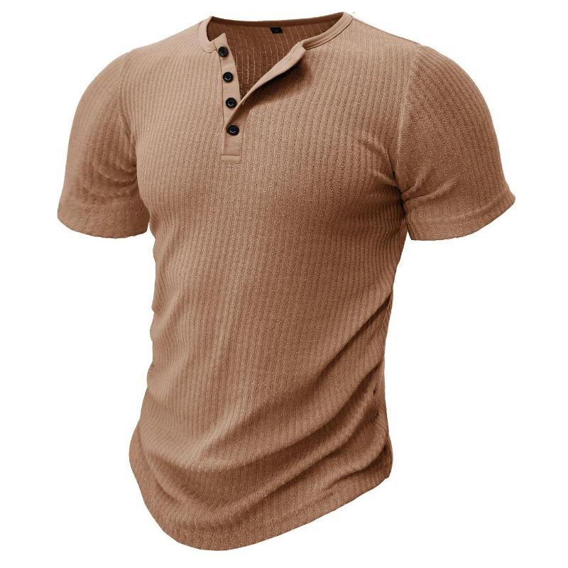 Men's Navy Blue Ribbed Knit Henley Short Sleeve Shirt Curved Hem Muscle Fit Top