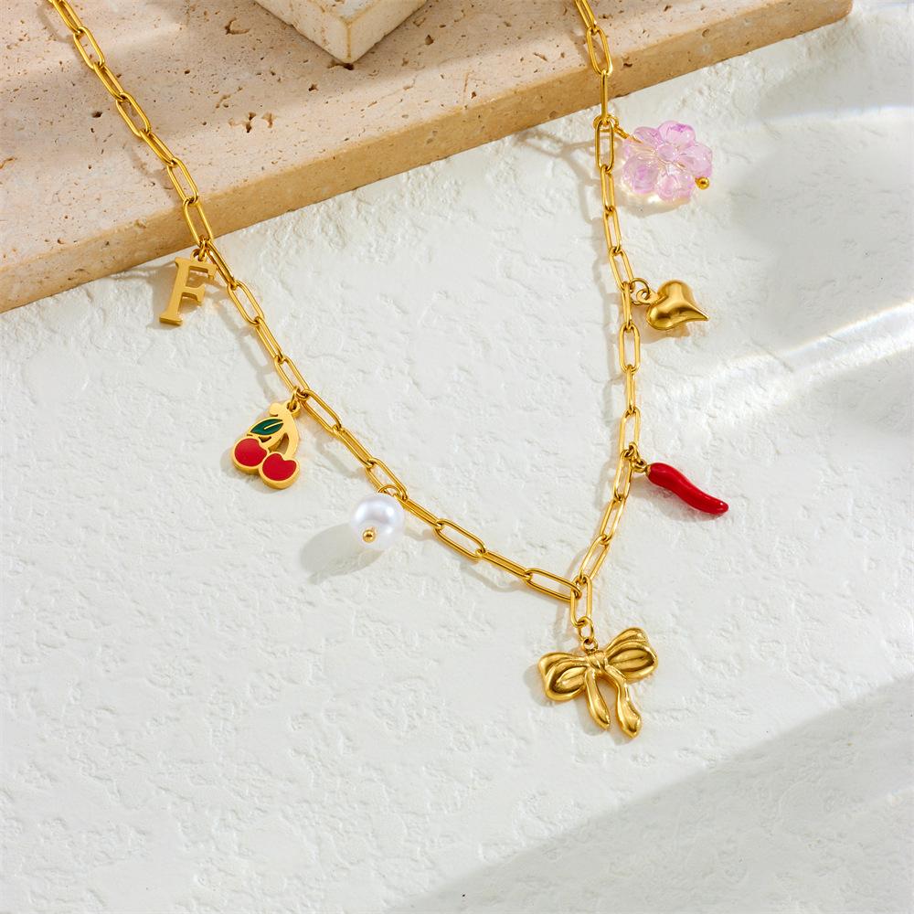 Vintage Multi Element Heart Bow Shell Cherry Cross Eye Chain Necklace