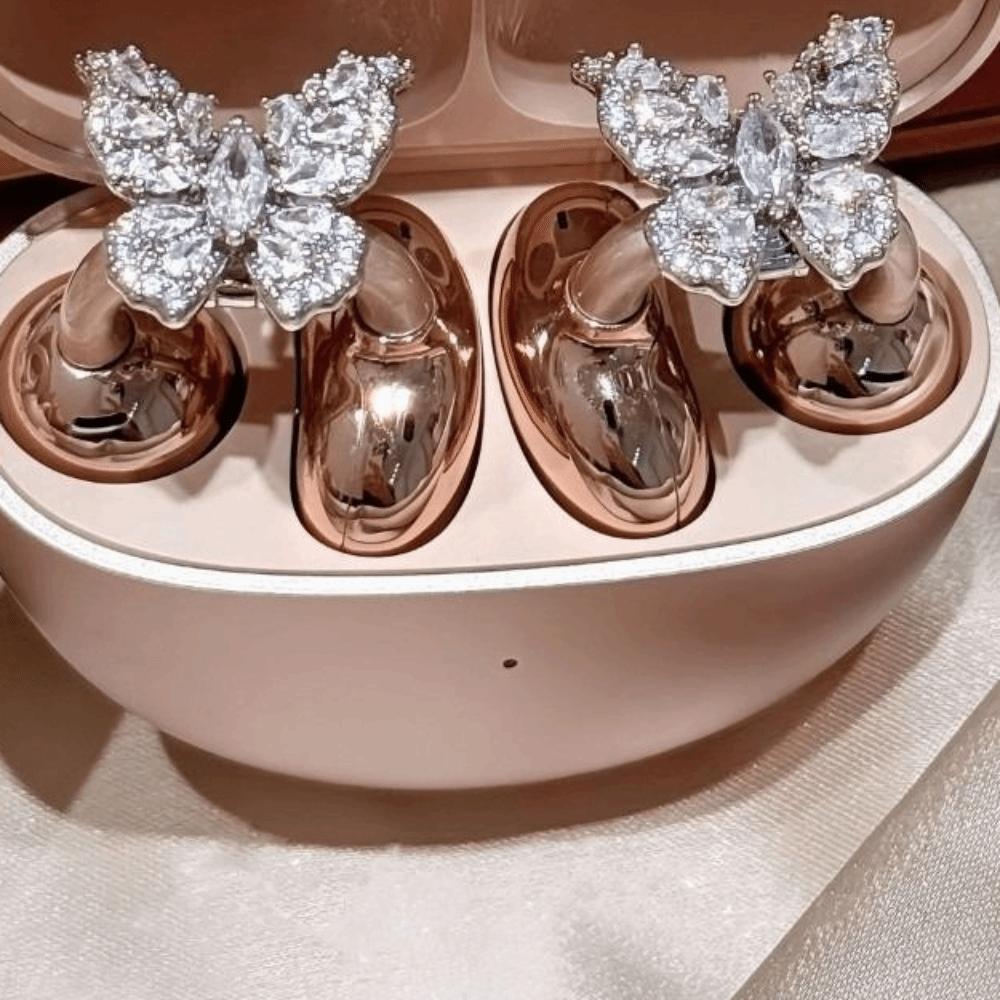 Creative Butterfly Earphone Clips Artificial Crystals Silver Headphone Accessories Tassels Two Pieces Set Earphone Decorations