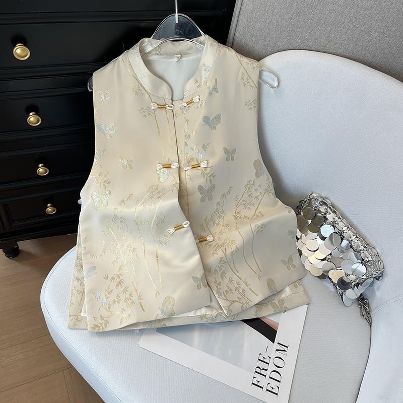 

2025 Жаккардовый жилет без рукавов с воротником-стойкой и пряжкой, женский темпераментный универсальный жилет для ранней весны 3XL ([Recommended 138-75kg])