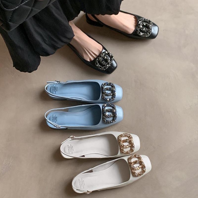 Leather shallow mouth low heel rhinestone sandals women's spring 2025 new bag head back empty word with sandals