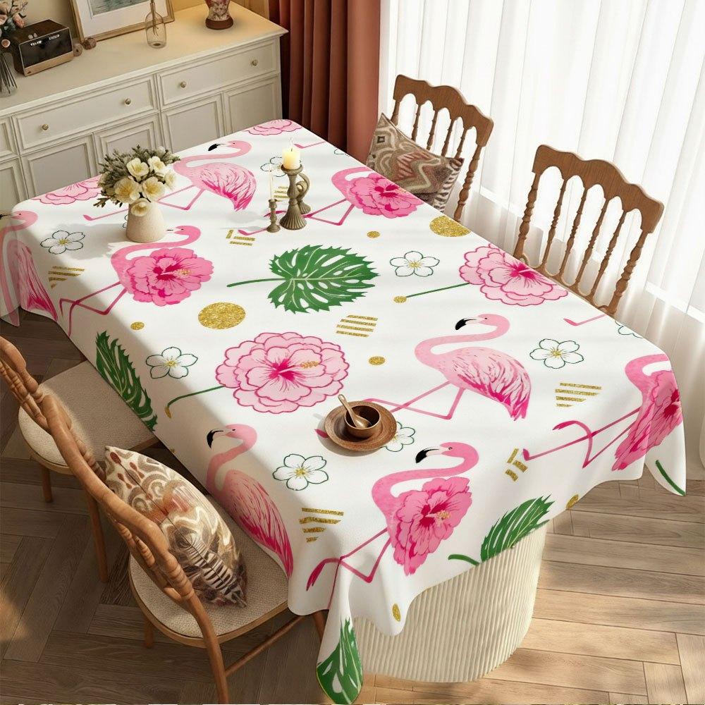 1pc Tablecover, Pink Flame Flamingo with Dancing Flowers and Leaves Creative Tablecloth, Fashionable Tablecloth, Table Mat, Coffee Table Mat, High-End