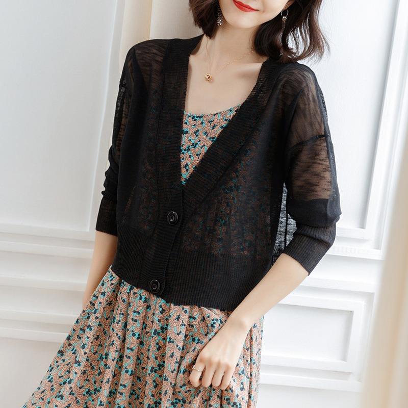 Spring and summer new thin ice silk knitted cardigan top women's loose simple sunscreen shawl air-conditioning shirt jacket