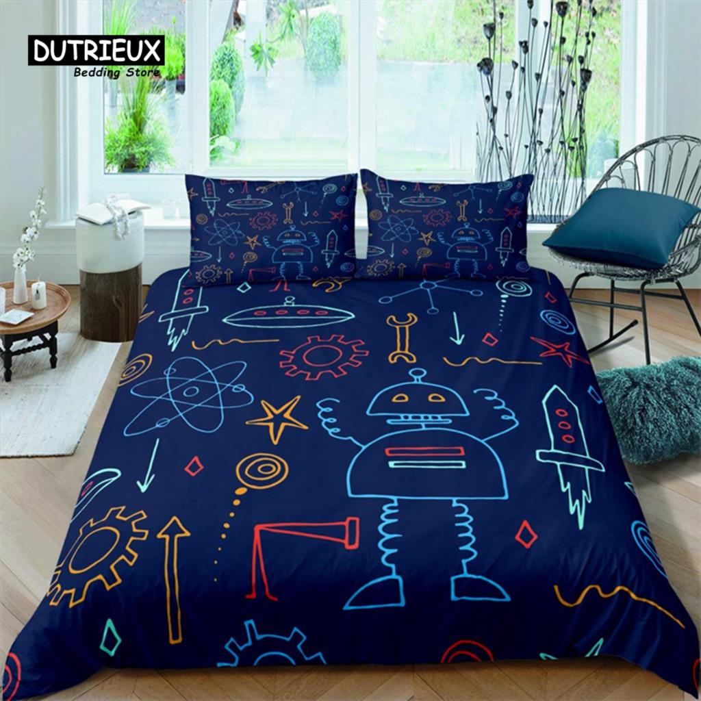 Robot Duvet Cover Set Cartoon Space Robot Bedding Set Patchwork Transformer Futuristic Machine Comforter Cover Twin Full For Boy