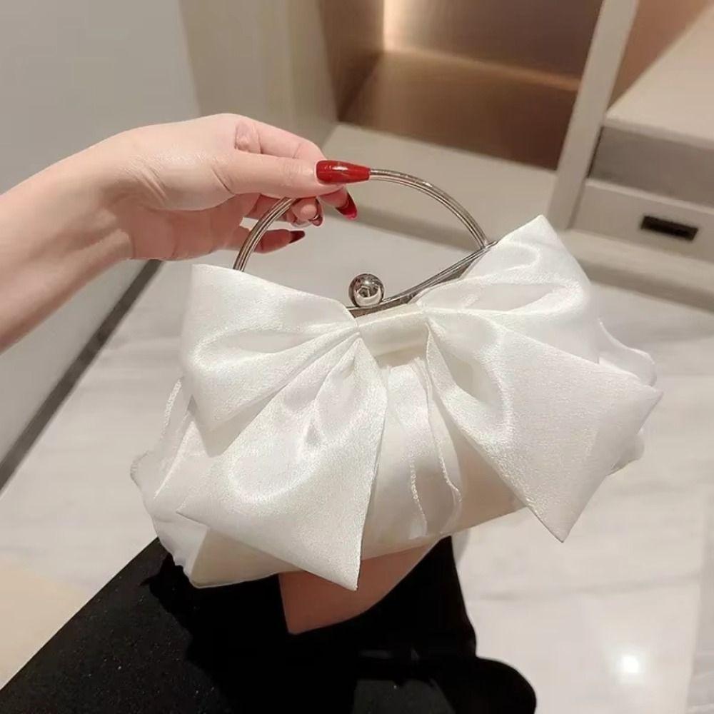Metal Handle Bridal Clutch Bag Satin Bow Wedding Purse Luxury Bow Evening Handbag  Women