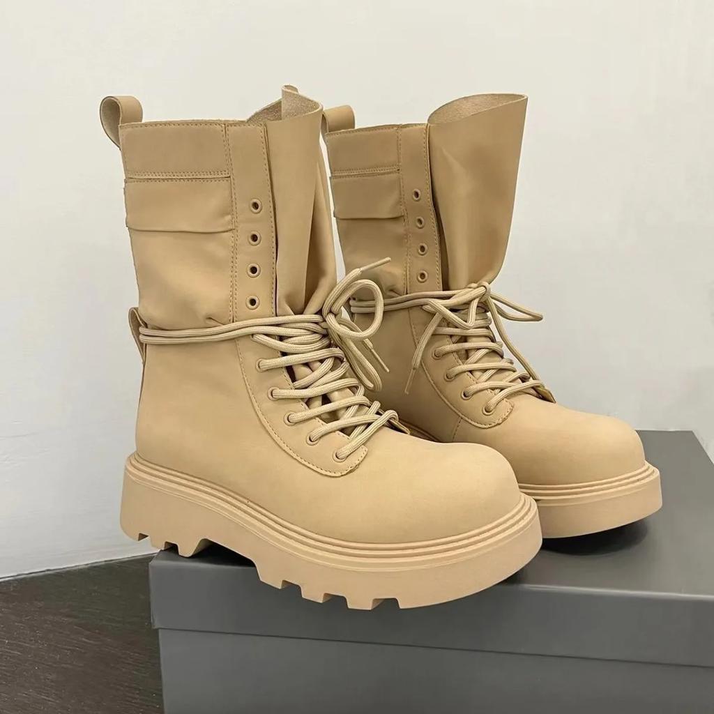 Fashion New Mid Calf Boots Women Autumn Winter Fashion Lace-up Ladies Chelsea Zipper Botas Mujer Boots Sports Platform Heel Ladies Shoes