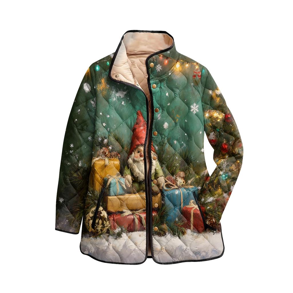 Cappotto da donna in cotone a maniche lunghe imbottito a collo alto con stampa natalizia e bottoni