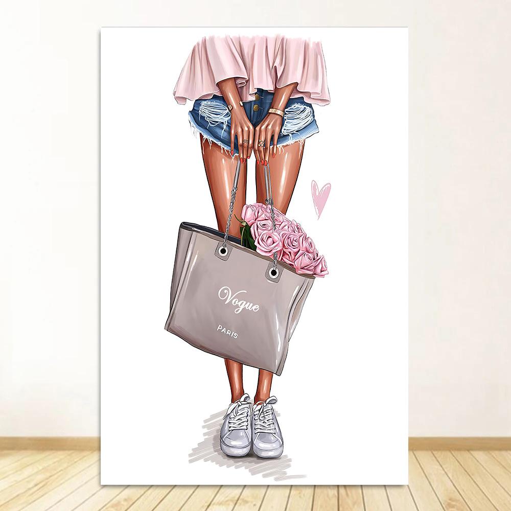 Pink Fashion Girl Flower Print Perfume Women Luxury Books Decorative Paintings Canvas Wall Art Pictures Nordic Room Decorations