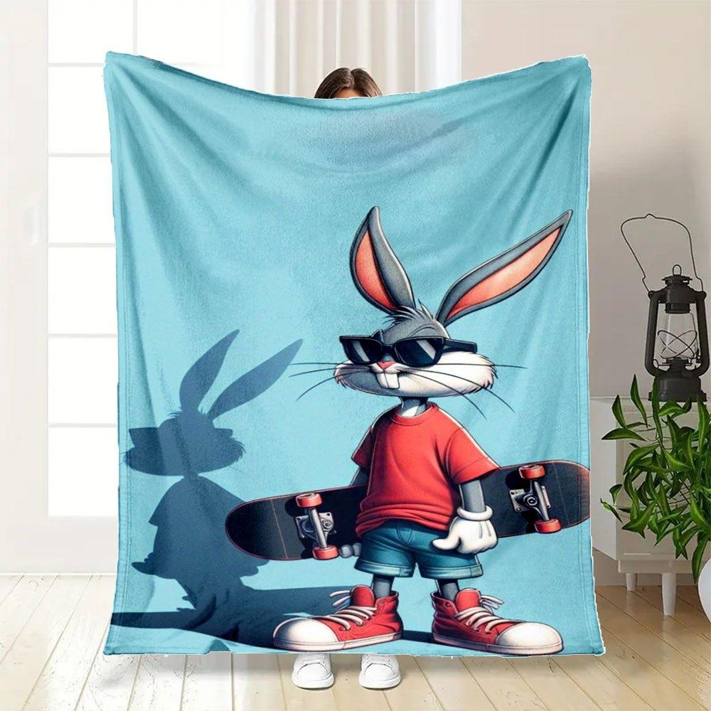 "Skateboarding Bugs Bunny Wall Art Print"Blanket Flannel Throw Blanket for Sofa, Bed, Travel, Camping, Office