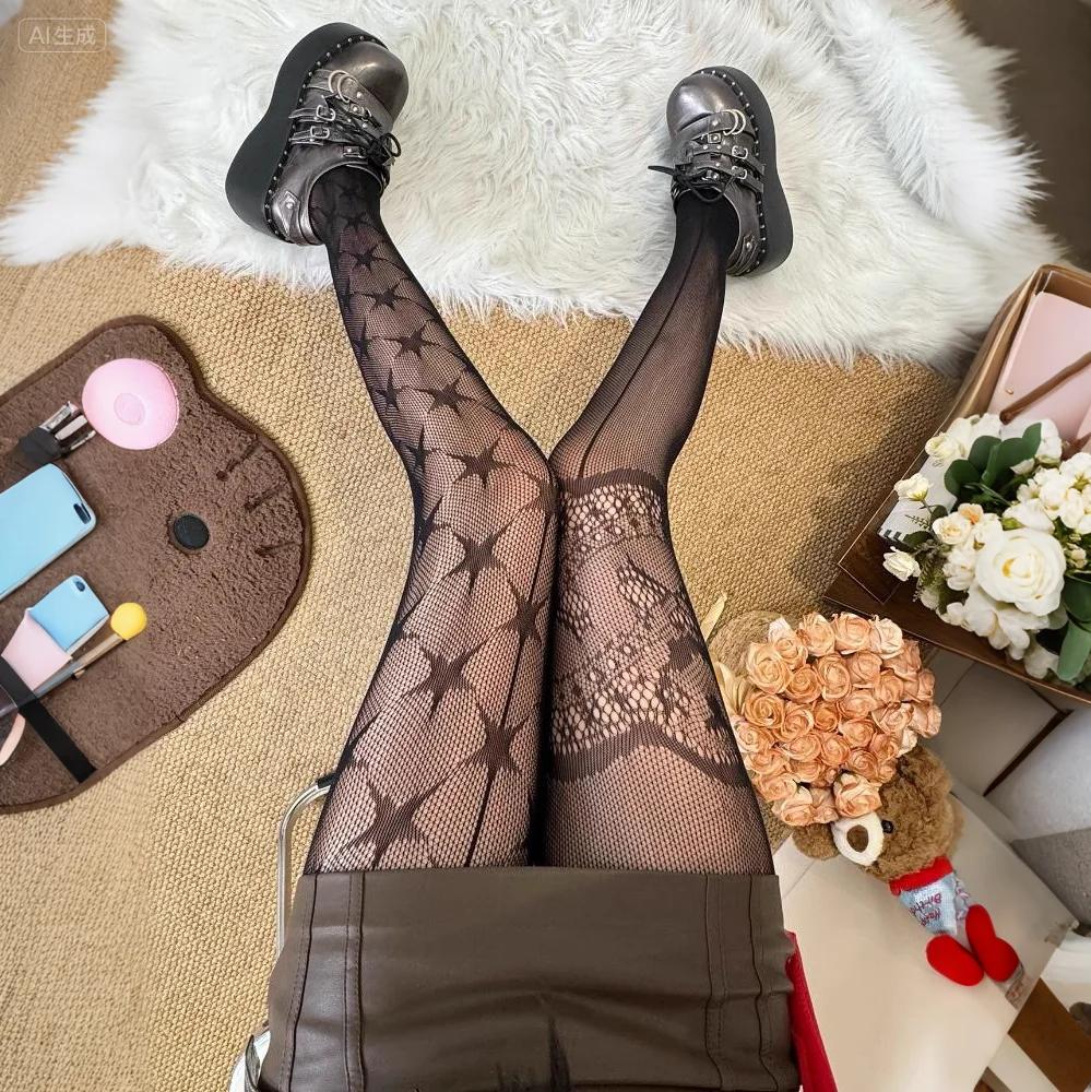 Punk Style Floral Tights Mesh Fishnet Stockings Women Tights Lingerie Ab Asymmetric Star Vintage Pantyhose Jk Lolita Stocking