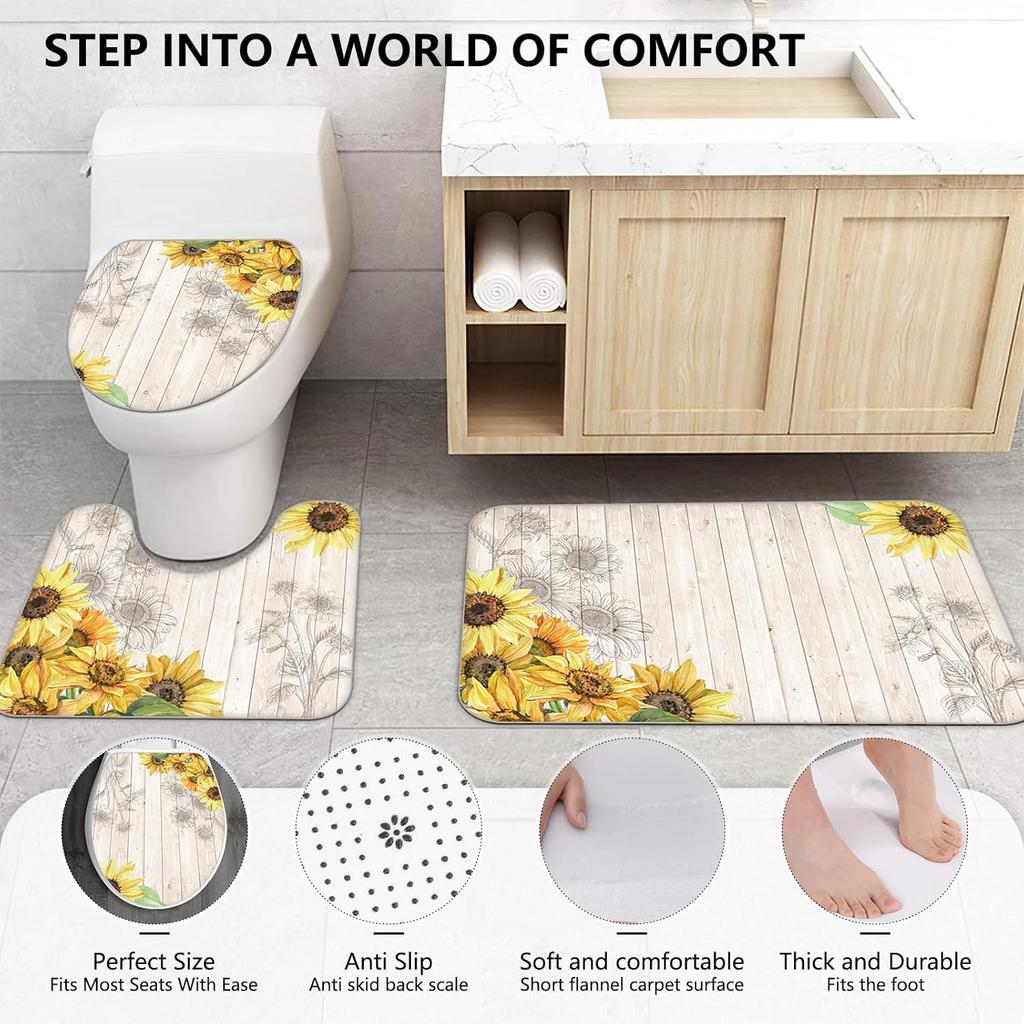 Sunflower Bathroom Sets with Shower Curtain and Rugs -Flower, 4-Piece Shower Curtain Sets with Rugs, Memory Foam Toilet Lid Cover, and Non-Slip