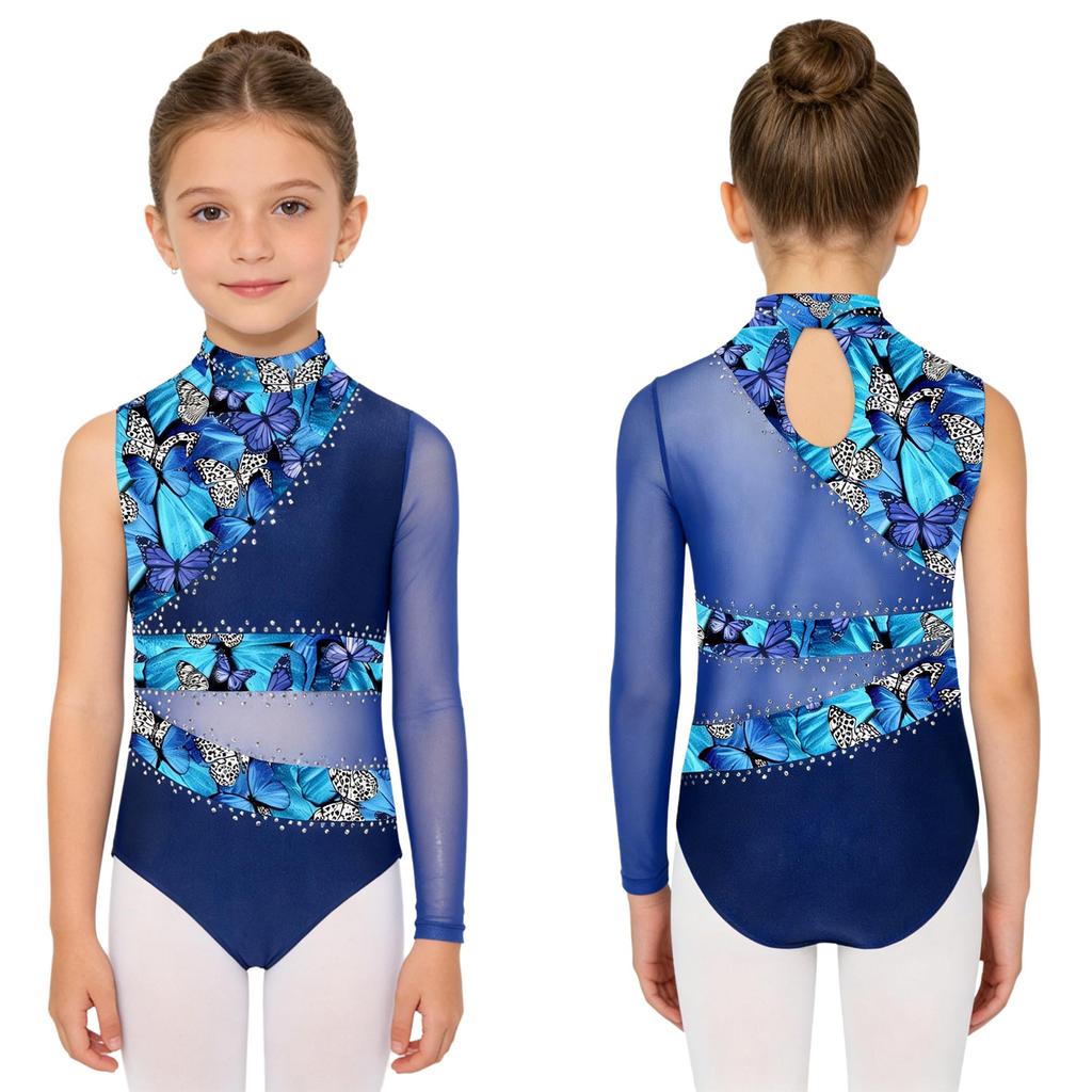 Girls Gymnastic Leotard Sparkly Rhinestones Patchwork Asymmetric Sleeve Design Back Hole Out Crotch Press Buttons Dance Unitard Competition Bodysuit