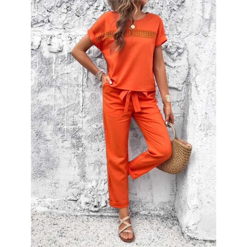 

Women s Two-piece Set Summer Short Sleeve O Neck Hollow Top Lace-up Waist Pants Elegant Suit Office Lady 2 Piece Sets XS оранжевый