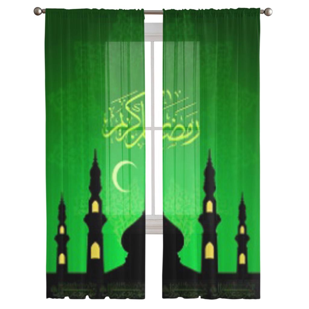 Ramadan Al Kareem Green Sheer Curtain For Living Room Bedroom Voile Curtains For Window Organza Curtains Party Tulle Drapes
