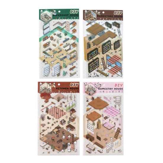 4Pcs DIY Scene Stickers 3D Miniature House Stickers Set Reusable Easy To Use DIY Projects Bookstore Scene Stickers