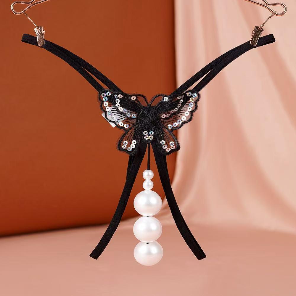 Jade Clam Luminous Pearl Massage Thong - XL Seductive Open Crotch Double Row Panties