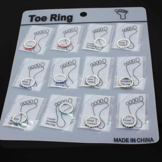 12 Pcs/Pack Elastic Rhinestone Decor Toe Rings Mixed Color Feet Jewelry Charms
