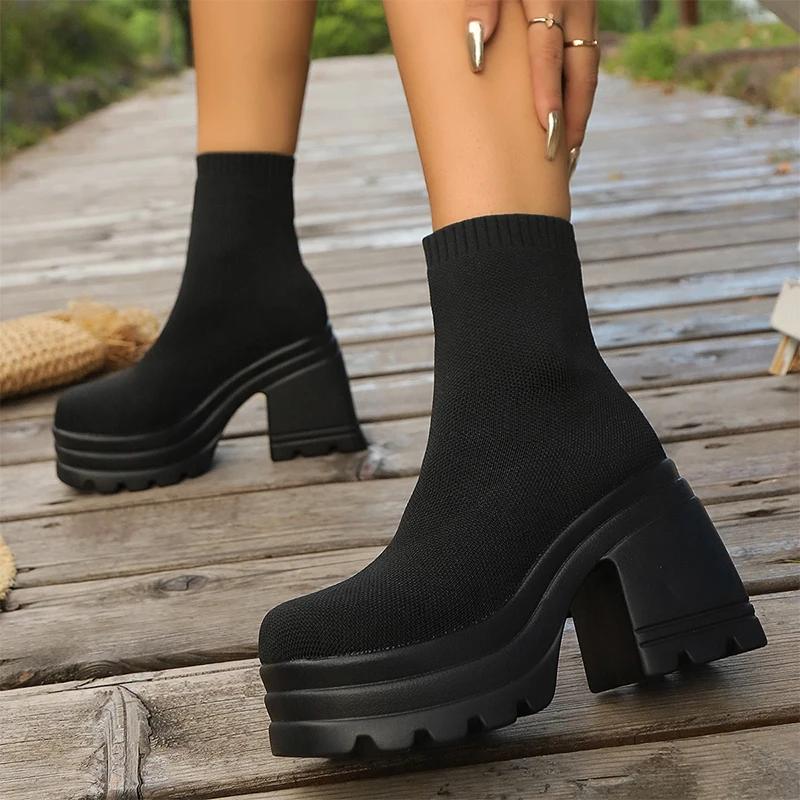 Fashion High Heels Women Sock Boots Ankle Winter Knitting Shoes Chunky 2024 Platform Fashion Walking Chelsea Boots New Mujer Zapatos