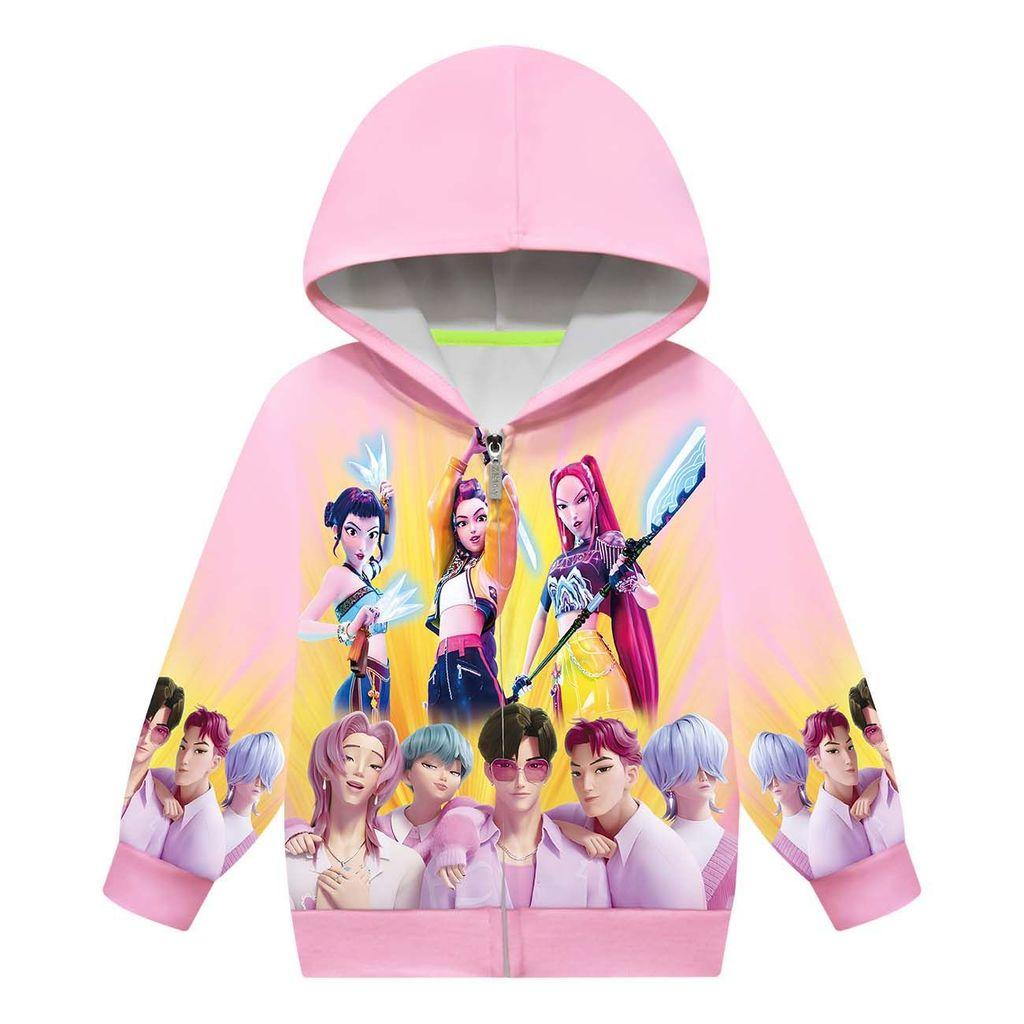 Dětská Dívčí POP Zpěvačka Rumi Zoey Mira Potištěná Neformální Mikina s Kapucí na Zip s Dlouhým Rukávem Bunda Kabát