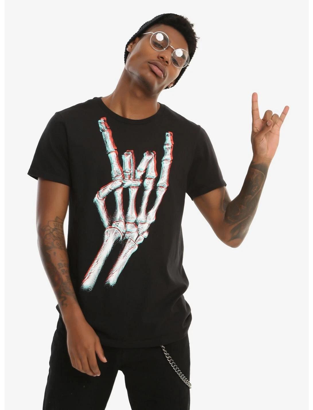 Hot Topic Mens 3D Skeleton Hand Rockin  Out Graphic Black Shirt NWT L L