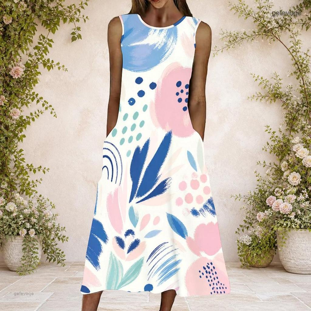 Women Plus Size Round Neck Sleeveless Geometric Printed A Line Maxi Dress With Side Pockets