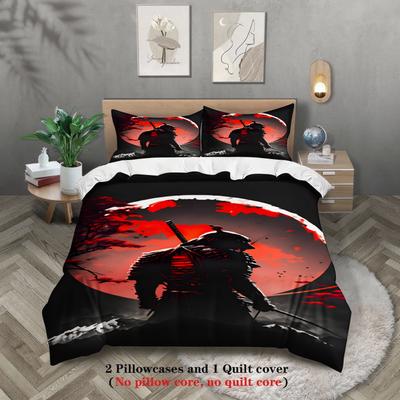 3pcs Samurai Warrior Bedding Sets 3D Printed Red Moon And Shadow Duvet Cover Sets With Pillowcases No Filling