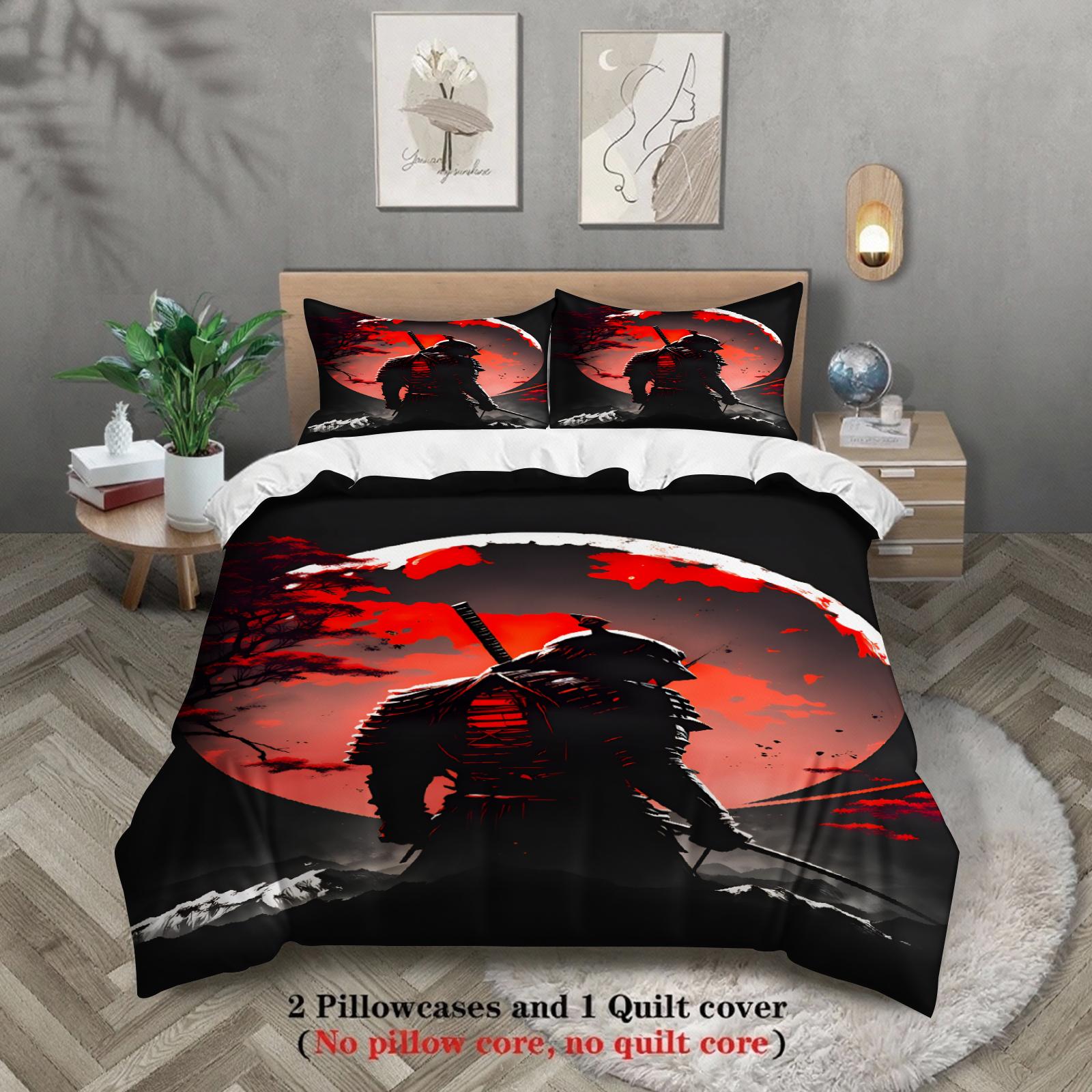 

3pcs Samurai Warrior Bedding Sets 3D Printed Red Moon And Shadow Duvet Cover Sets With Pillowcases No Filling AU Single(140x210cm)