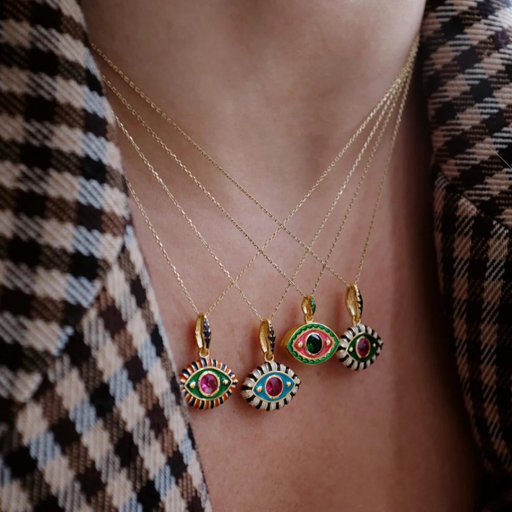 Vintage Multicolor CZ Zircon Enamel Evil Eye Pendant Necklace for Women Fashion Gold Plated Oil Drip Charm Collar Jewelry Gifts