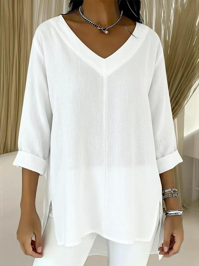 2026 Casual Women's Cotton Linen V-Neck Nine-Sleeve Top