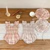 Baby Girl Summer Plaid Romper with Cap Short Flutter Sleeves Square Neck