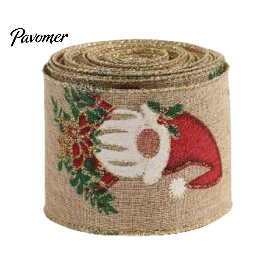 Wired Ribbon for Christmas Tree 1 Roll Burlap Gift Wrapping Decor, Vintage Patterned Holiday Decoration Imitation Linen Fabric DIY Crafts And Wreaths,