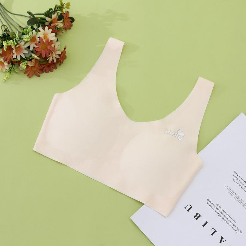 

Бесшовное нижнее белье для развития милых девочек с принтом без стальных колец Дышащая кожа, приятная для кожи, противоскользящая, не скручивающаяся, эластичный бюстгальтер с плечевым ремнем XL миндальный