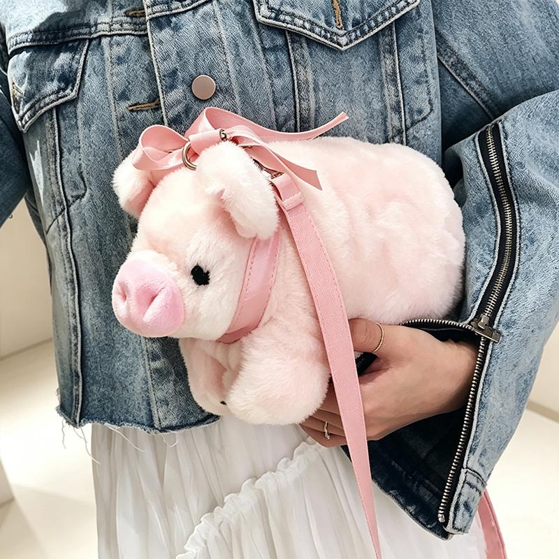 Cute Pink Piglet Plush Messenger Bag Large Capacity Cartoon Crossbody Shoulder Bag for Women