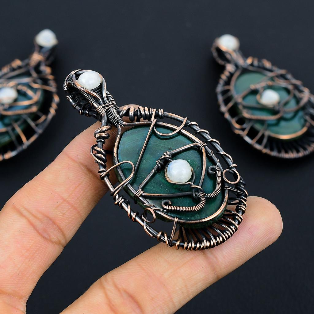 Natural EvilEye Malachite,Moonstone Gemstone Copper Wire Wrap Pendant 2.95" N2U89