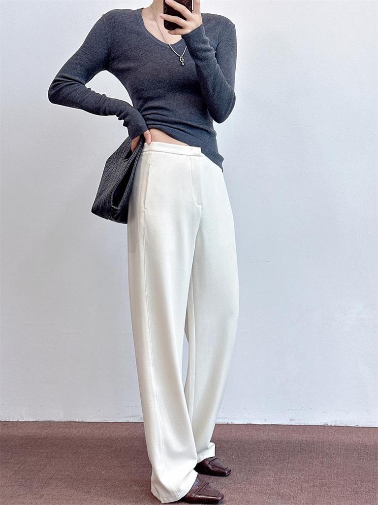 Women's Wool Blend Wide-Leg Trousers: Drapey & Hip-Covering, Suitable for Spring, Autumn, Winter