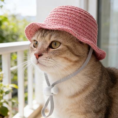 Haustier Strohhut Katze Sonnenhut mit verstellbarem Kordelzug Sommer Haustier Sonnenhut für Katzen und Hunde Outdoor Spaziergänge Sonnenschutz